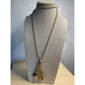 Gold Tone Bead Ball Chain Hand Pendant Holding Blue Gem and Horn shape Charms